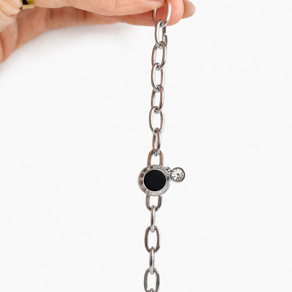 Pulseira Orion em aço inoxidável 316L com elemento circular central e zircónia cúbica