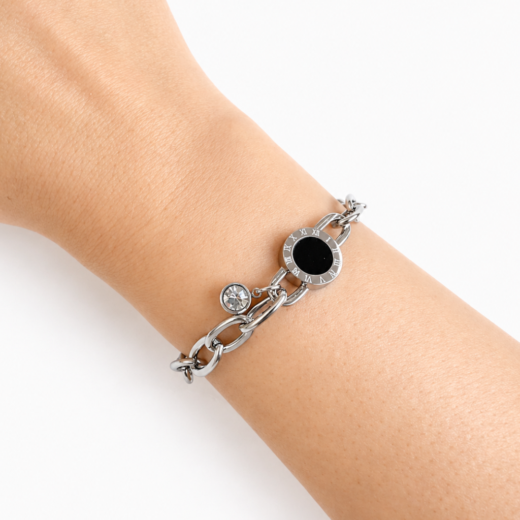 Pulseira Orion em aço inoxidável 316L com elemento circular central e zircónia cúbica