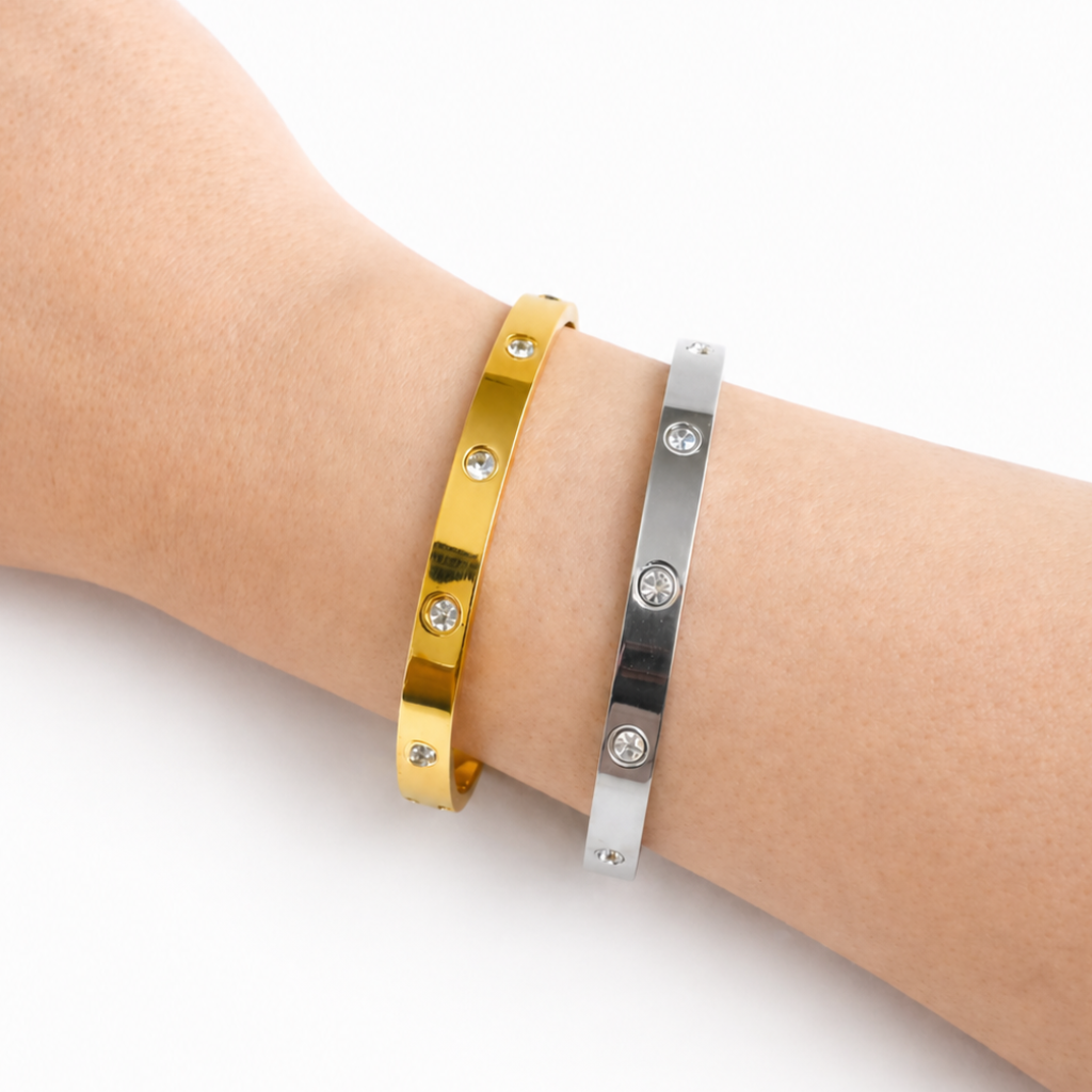 Pulseira Aden rígida em aço inoxidável 316L com zircónias cúbicas