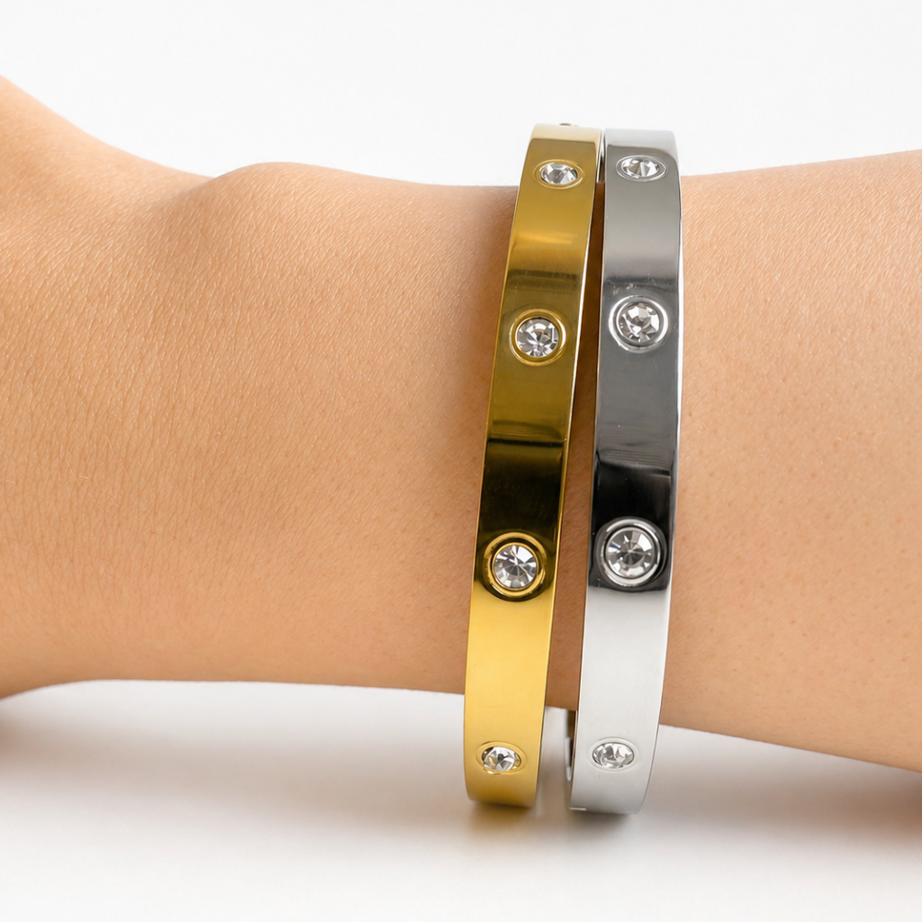 Pulseira Aden rígida em aço inoxidável 316L com zircónias cúbicas
