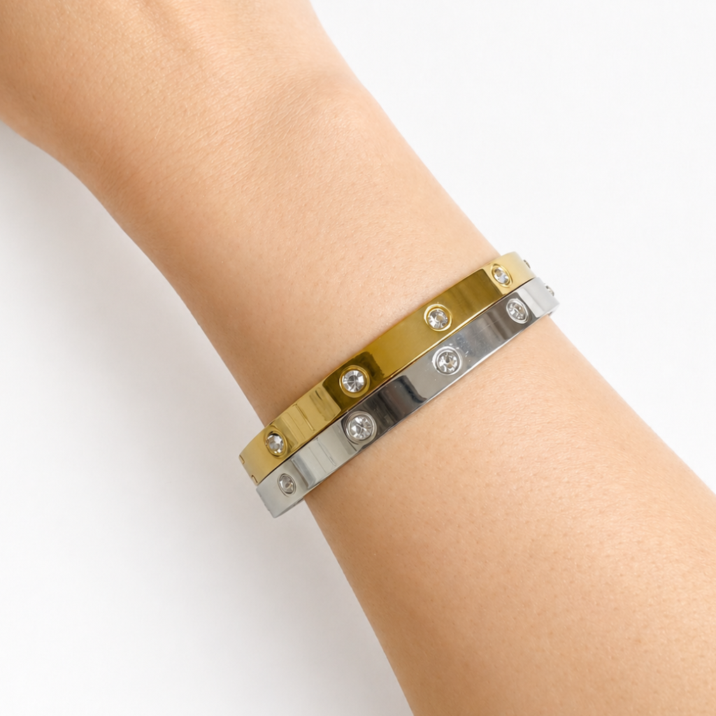 Pulseira Aden rígida em aço inoxidável 316L com zircónias cúbicas