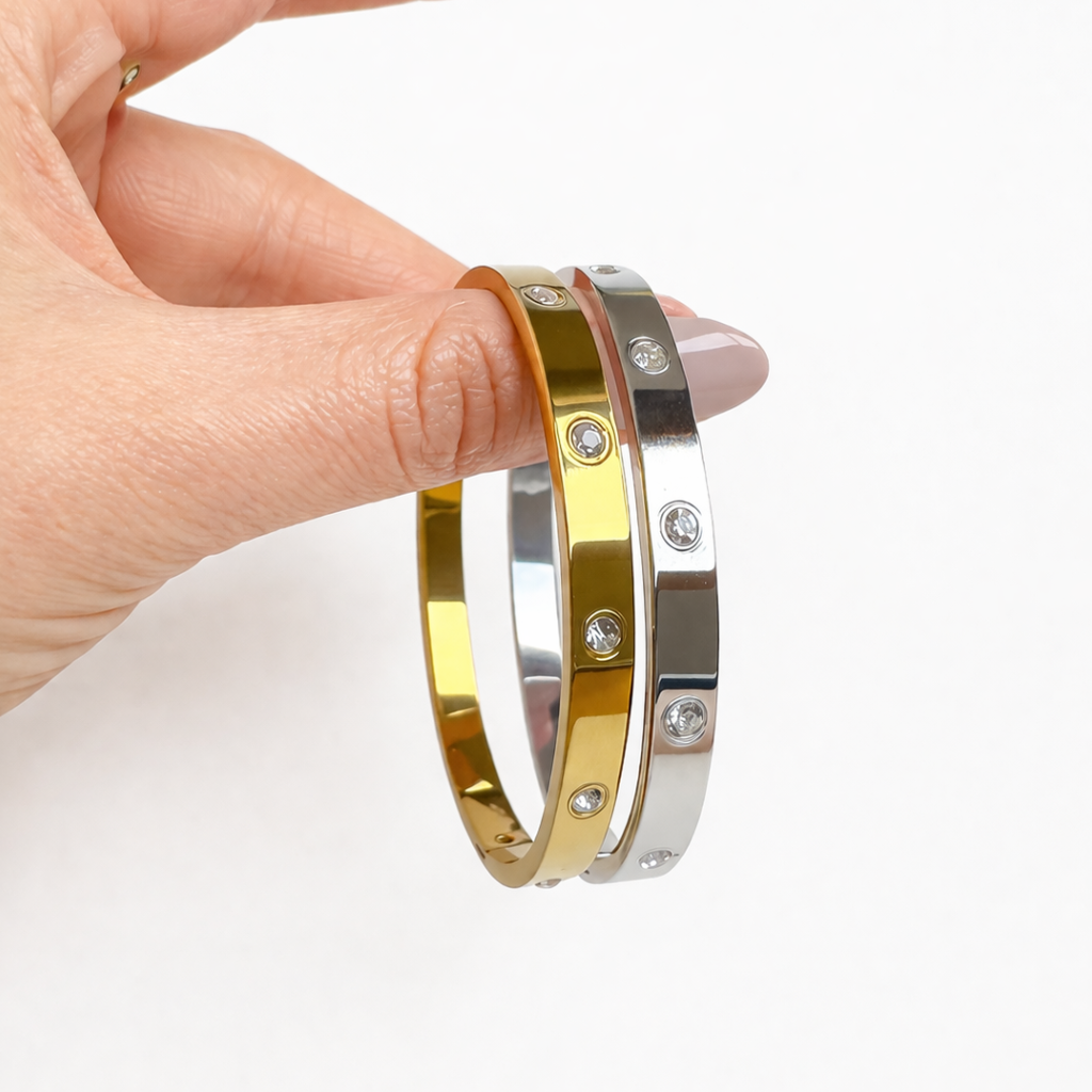 Pulseira Aden rígida em aço inoxidável 316L com zircónias cúbicas