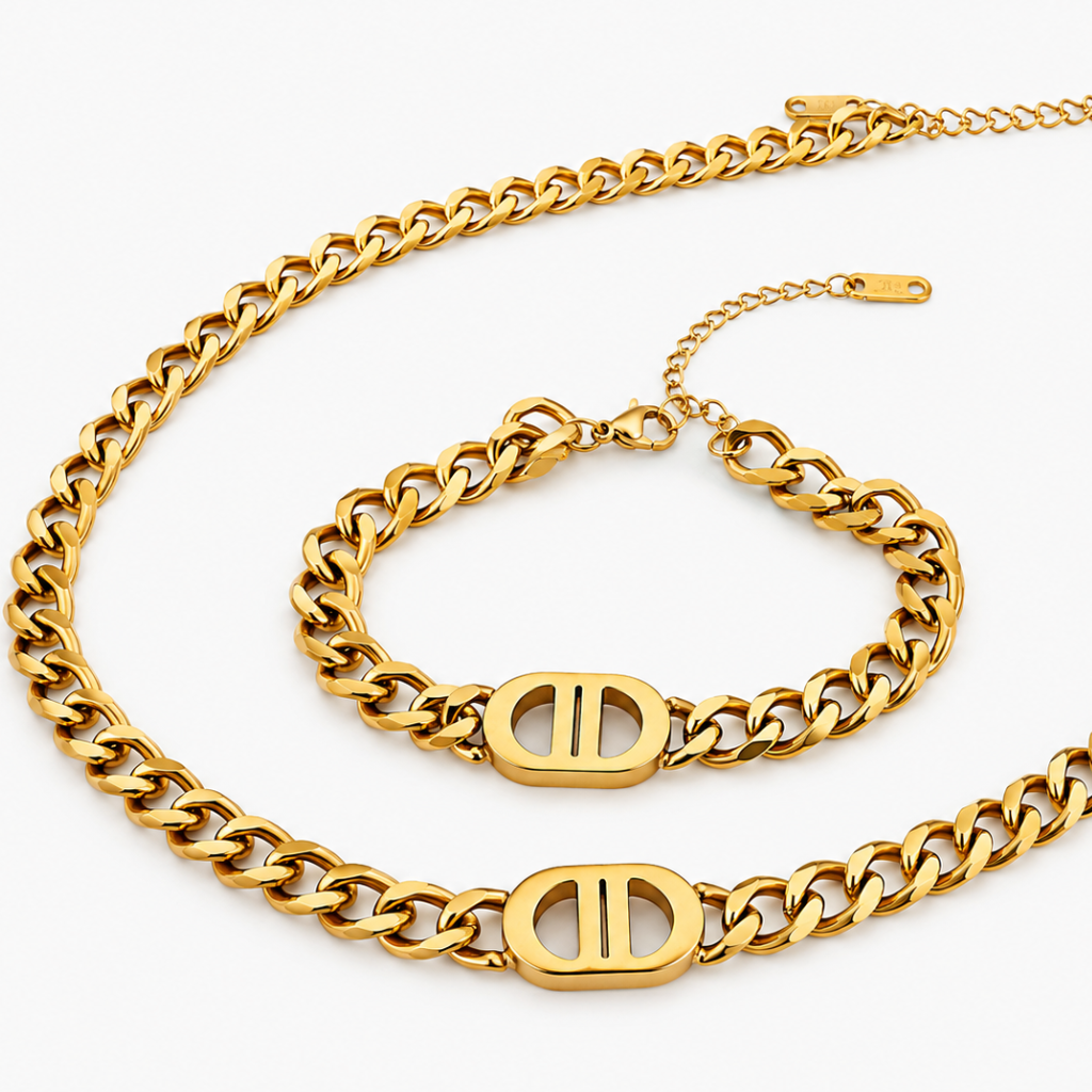 Conjunto Rilan de pulseira e colar em aço inoxidavel 316L